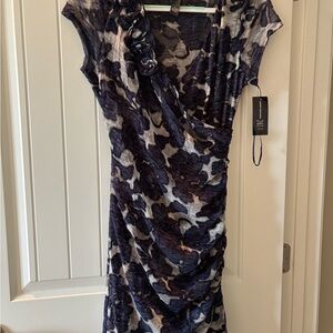 INC International Concepts Blue and White Sheath Dress V-neck Flutter Sleeves